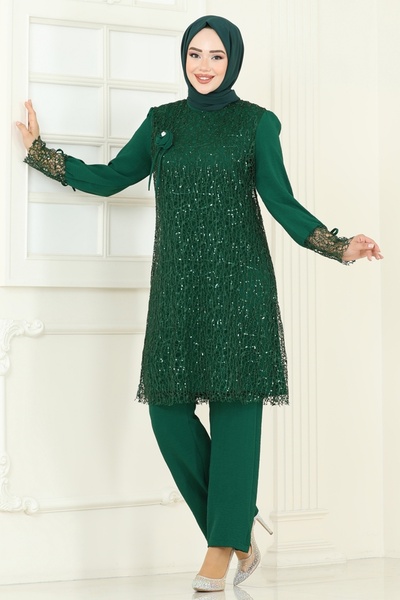 ModaMerve Broşlu File Payet Takım 2547ELC1143-MS Zümrüt