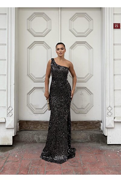 SELİN MODA EVİ Trend Kadife Yırtmaçlı Sakallı Pul Payet Elbise VİZON 583150