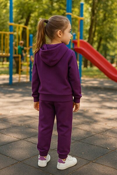 Yalçınoğlu Kids طقم رياضي بغطاء للرأس للفتيات (سترة + بنطلون) طقم رياضي مطبوع مرن موسمي