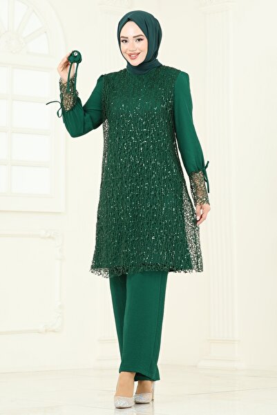 ModaMerve Broşlu File Payet Takım 2547ELC1143-MS Zümrüt