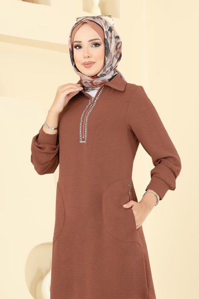 ModaMerve Yakası Taş Detaylı Tunik Takım 446DVL817-MS Taba