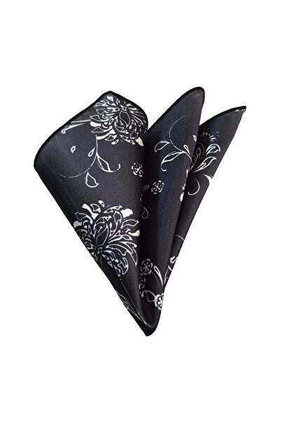 Exve Exclusive Black with White Floral Print Satin Pocket Accessory Collar Handkerchief