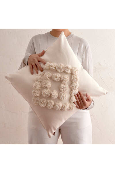 Cozy & Soft Gray Tassel and Surface Decorated Cream Throw Pillow Cover Set - 2 Pieces (50X50 Cm, 30X50 cm)