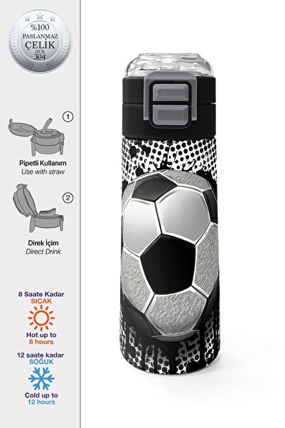 Coral High Kids Futbol Desenli Pipetli ve Direkt İçim Çelik Termos 500 ml 31816