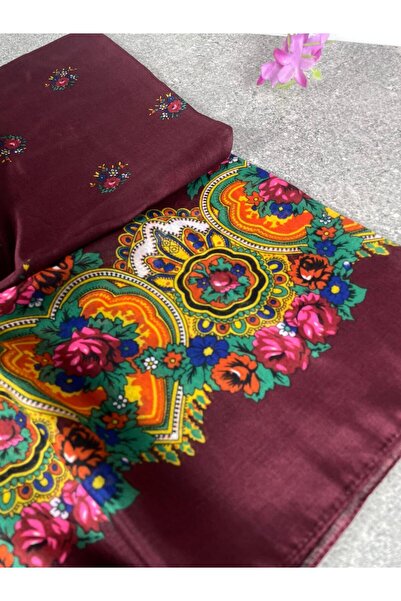 Sobe Hediyelik Mardin Calligraphy Burgundy Floral Patterned Headscarf on a Red Background 100X100 cm – Dowry and Daily Use