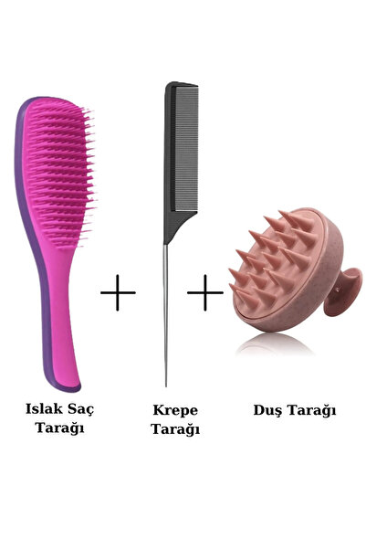Nofella 3'lü Tarak Seti, Islak Saç Tarağı + Çelik Saplı Krepe Tarağı + Duş Ta...