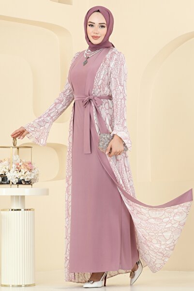 ModaMerve Beli Bağcık Detaylı Şifon Takım 2821ELC1143-MS Gül Kurusu