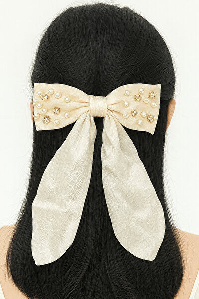 TAKIŞTIR Αυτόματη πόρπη με κρεμ χρώμα, κορδέλα, φιγούρα πέτρας και λεπτομέρεια με πέρλες