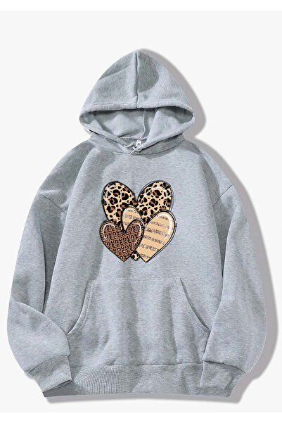 SUNFREE Popular Trend Leopard Heart Printed Hooded Grey Sweatshirt