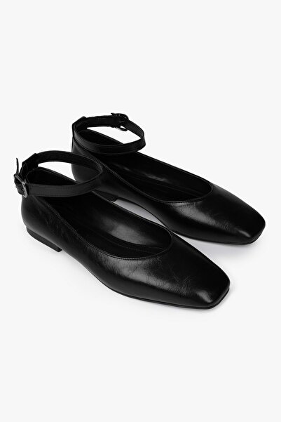 Shoeberry Women's Melor Black Leather Ballerinas