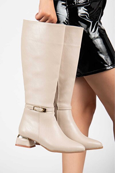 Lolo Life Cizme din piele artificială cu cataramă sub genunchi, toc de 4 cm l...