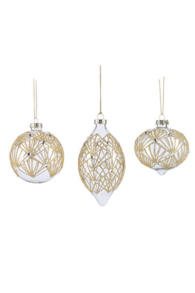 BraziPremium By OLLMA Set of 3 Golden Elegance Christmas tree baubles, 8 cm, transparent