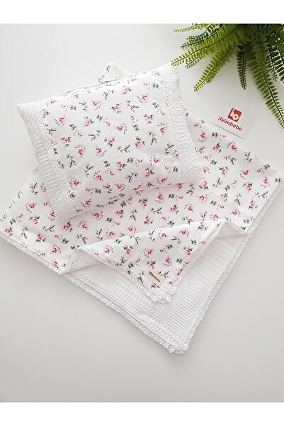 ib ilkimbebe Çiçekli Dantelli Pikeli Bebek Battaniyesi ve Yastık Seti 85x90