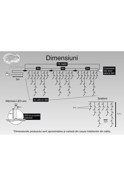 Flippy Christmas Icicle Light Curtain, 15 m, 429 LEDs, Cool White, IP44