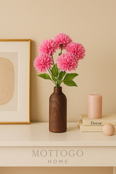 Mottogo Ahşap Silindir Vazolu Yapay Kasımpatı 5 Dal Çiçek