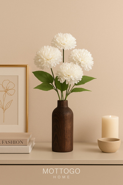 Mottogo Ahşap Silindir Vazolu Yapay Kasımpatı 5 Dal Çiçek