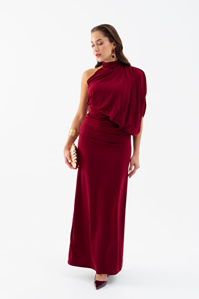 Lafaba Women's Burgundy One Shoulder Drape Detailed Long Dress