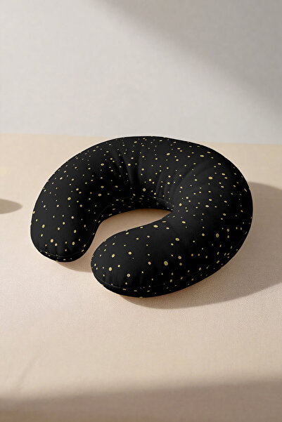 Evimde Bambaşka Pernă ergonomică pentru gât cu model cu puncte aurii - Pernă moale de călătorie modernă, neagră și aurie