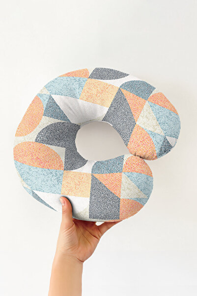 Evimde Bambaşka Geometric Pattern Cotton Neck Pillow - Modern Orange Blue Tra...
