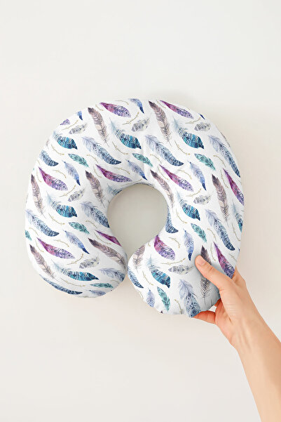 Evimde Bambaşka Colorful Feather Cotton Neck Pillow - Bohemian Patterned Purp...