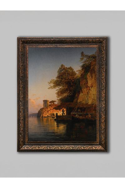 WoodyArts Πίνακας ηλιοβασιλέματος σε παραθαλάσσιο τοπίο – Χάλκινο αντίκες πλα...