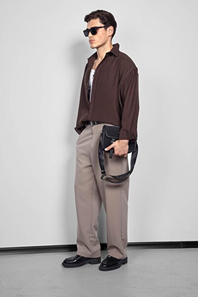 ablukaonline Ανδρικό μακρυμάνικο πουκάμισο μεγάλου μεγέθους καφέ