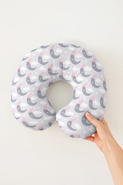 Evimde Bambaşka Moon Patterned Cotton Neck Pillow - Cute Moon Cloud Gray Pink...