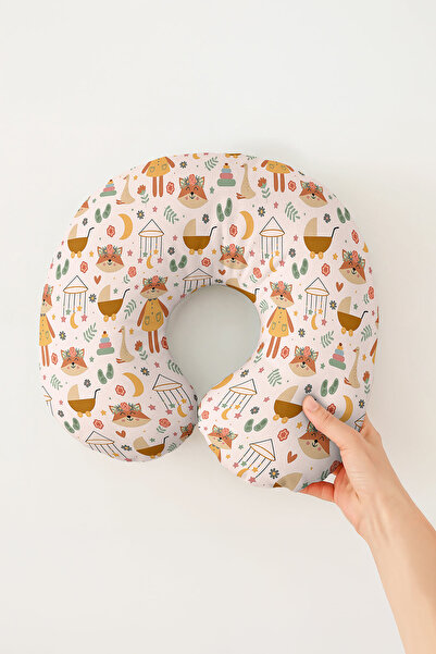 Evimde Bambaşka Cute Fox Figured Cotton Neck Pillow - Pastel Yellow Green Pat...