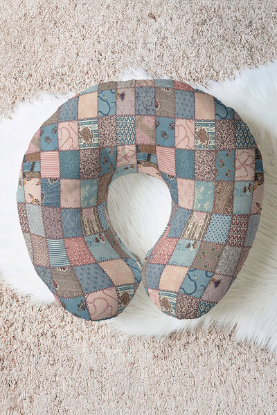 Evimde Bambaşka Pernă pentru gât din bumbac cu patchwork pastel - Pernă de călătorie cu model vintage, albastru roz