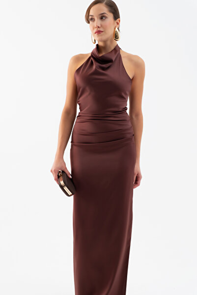 Lafaba Γυναικείο Καφέ Φόρεμα Βραδινό Μακρύ Σατέν Φόρεμα με Ανοιχτή Πλάτη