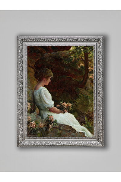 WoodyArts Portrait Painting of Young Girl in White Dress – Gray Antique Frame