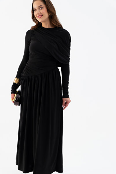 Lafaba Women's Black Shoulder Detail Cross Gathered Long Dress