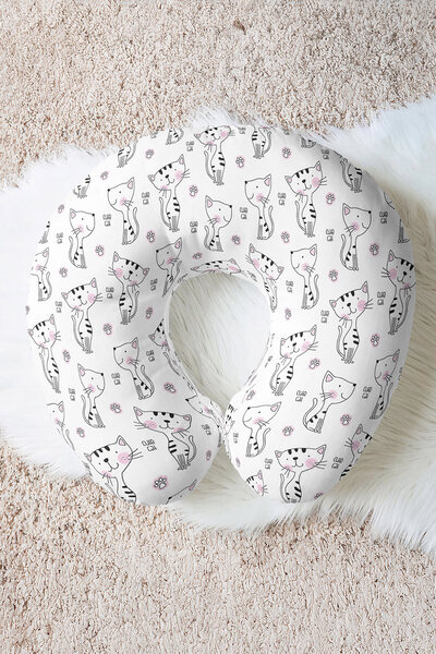 Evimde Bambaşka Sevimli Kedi Desenli Ergonomik Boyun Yastığı - Çizgili Pembe Beyaz Yumuşak Seyahat Yastığı