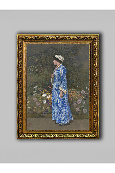 WoodyArts Tablou de femeie între flori în grădină – Cadru antic auriu