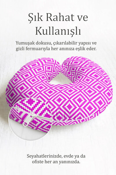 Evimde Bambaşka Etnički dezen Ergonomski jastuk za vrat - Geometrijski ljubič...