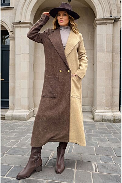 NEW LAVİVA Women's Two-Tone Unlined Double-Breasted Jacket Collar Cashmere Coat 700-3320