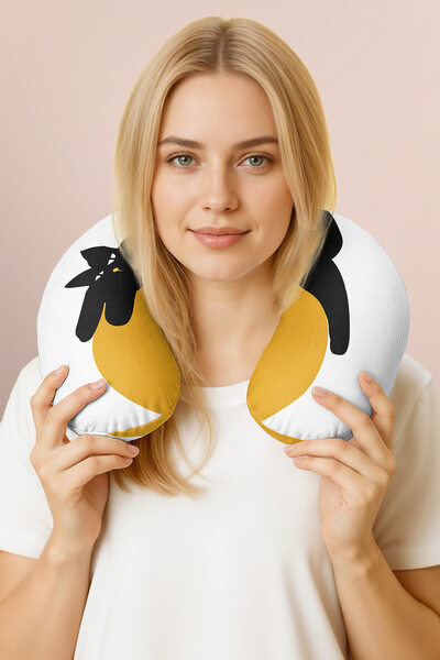 Evimde Bambaşka Cotton Neck Pillow with Cat Figure - Modern Black Yellow Desi...