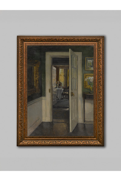 WoodyArts Tablou de o tânără femeie între flori de grădină – cadru antic maro