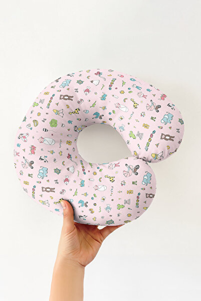 Evimde Bambaşka Cute Animals Patterned Cotton Neck Pillow - Pastel Pink Soft ...