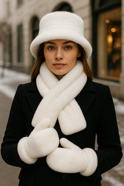 Luminos Butik Women's Winter 3-Piece Fur Set (Hat + Scarf + Gloves) – Ecru, Set04