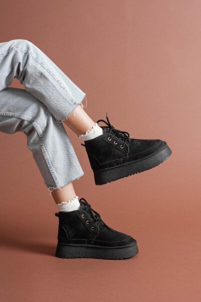 Hayalimdeki Ayakkabı Venessa Kadın Mini Siyah Süet Bağcıklı içi Tüylü Düz Taban Bot