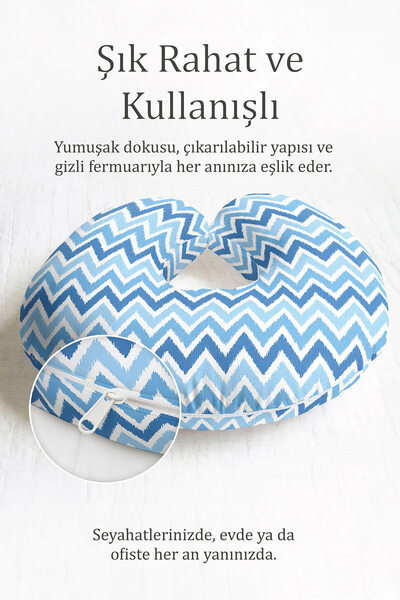 Evimde Bambaşka Plavi Zigzag Sa deznom Ergonomski Jastuk za Vrat - Moderni Ge...