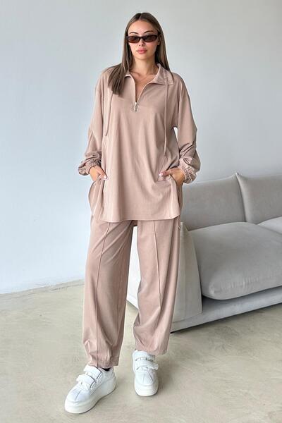 Olcay Premium Knitted Fabric Tunic Pants Set with Zipper Detail on the Collar Kamel 9375-Tk