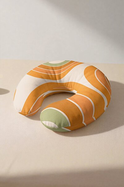 Evimde Bambaşka Pernă ergonomică pentru gât cu model retro Wave - Pernă de călătorie modernă, portocaliu, verde, crem