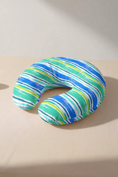 Evimde Bambaşka Blue Green Striped Neck Pillow - Modern Wave Pattern Soft Tra...
