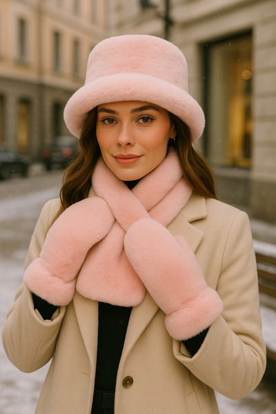 Luminos Butik Women's Winter 3-Piece Fur Set (Hat + Scarf + Gloves) – Powder, Set04