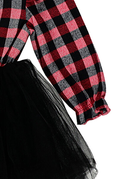 Panço Kız Kırmızı Dokuma Yuvarlak Yaka Elbise