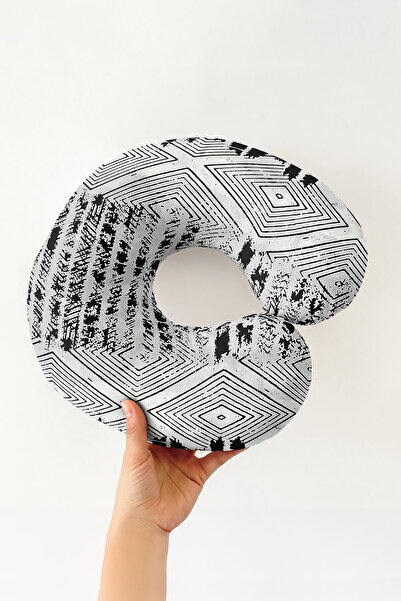 Evimde Bambaşka Ethnic Geometric Pattern Neck Pillow - Modern Black and White...