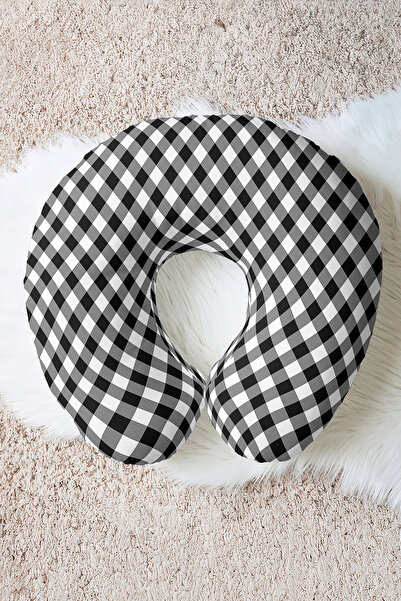 Evimde Bambaşka Plaid Pattern Ergonomic Neck Pillow - Modern Black and White ...