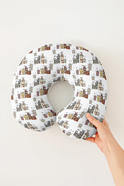 Evimde Bambaşka Winter Themed City Houses Cotton Neck Pillow - Snowscape Patt...